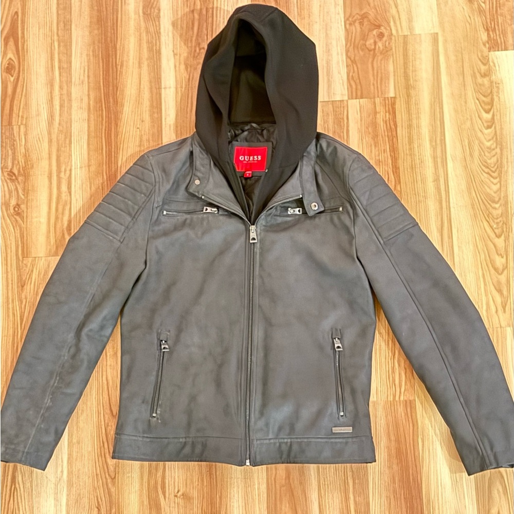 Guess Black Leather Jacket with Hood